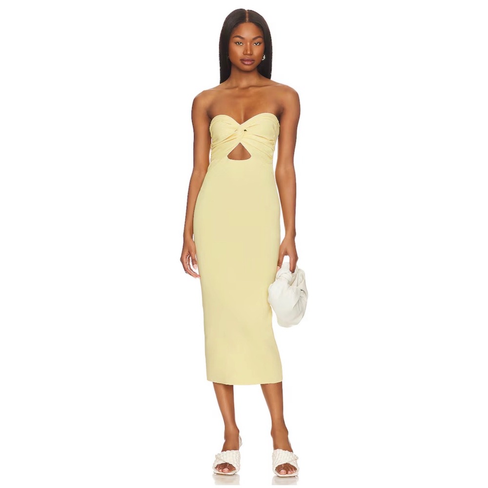 SNDYS Maia‎ Dress Lemon Yellow Strapless Twist Cutout Ribbed Midi Dress